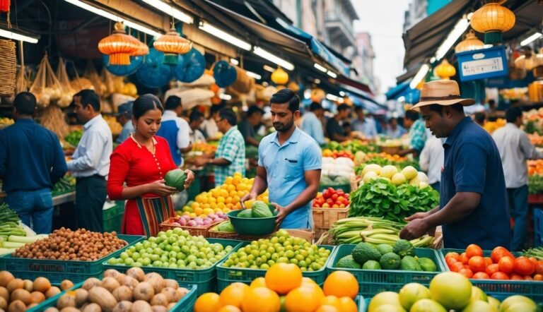 People shopping for produce at a bustling outdoor market, colorful fruits and vegetables
