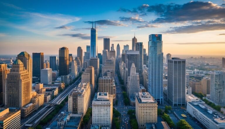 Aerial view of a modern city skyline with skyscrapers at sunset