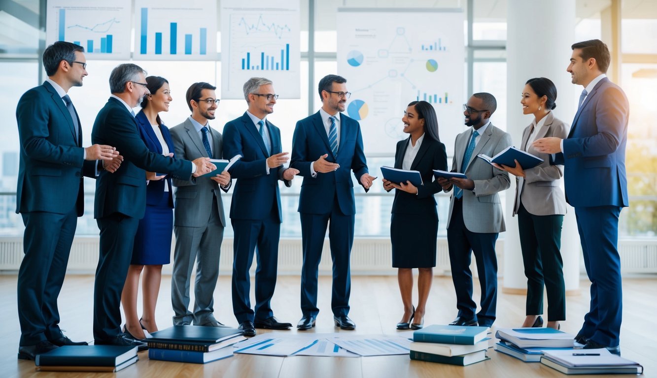 A diverse group of economists standing in a circle, discussing and sharing ideas while surrounded by books, charts, and economic models