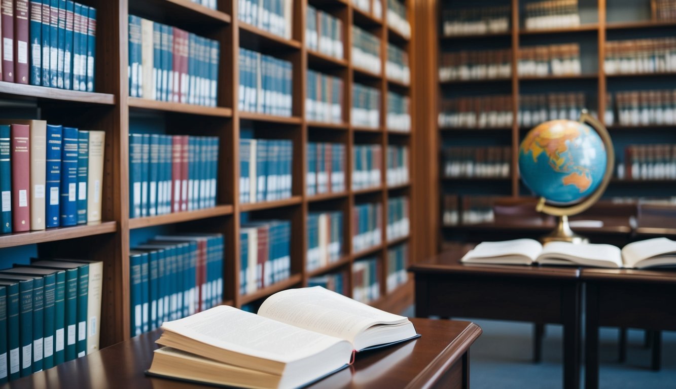 A library with shelves of economic theory books, a desk with open textbooks, and a globe in the background