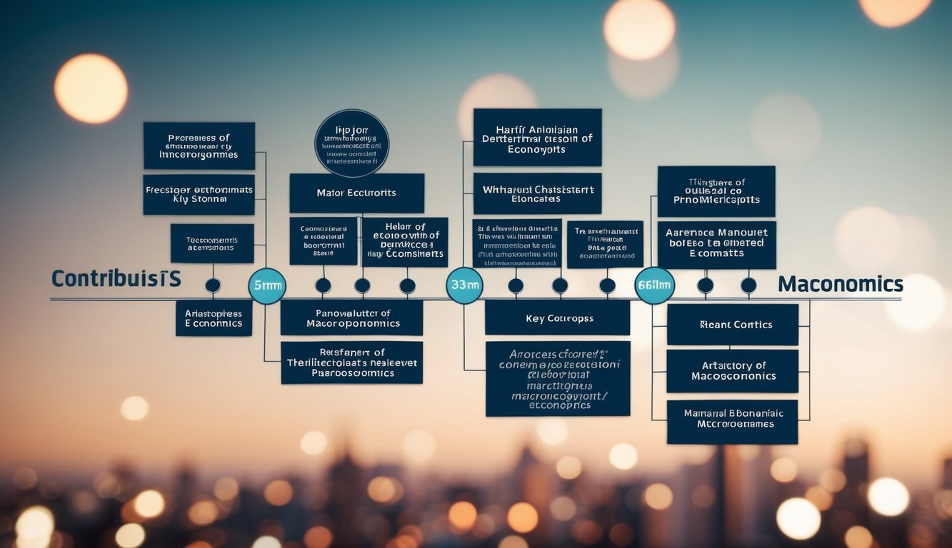 A timeline of major economists' contributions with key concepts and their impact on macroeconomics