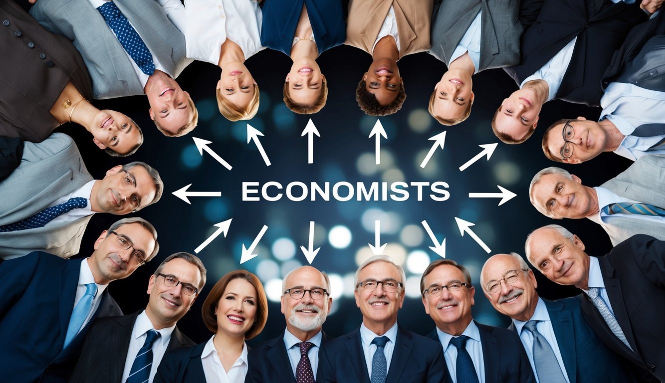 A group of economists' portraits arranged in a circle, with arrows pointing from one to the next, symbolizing the interconnected nature of their theories and contributions