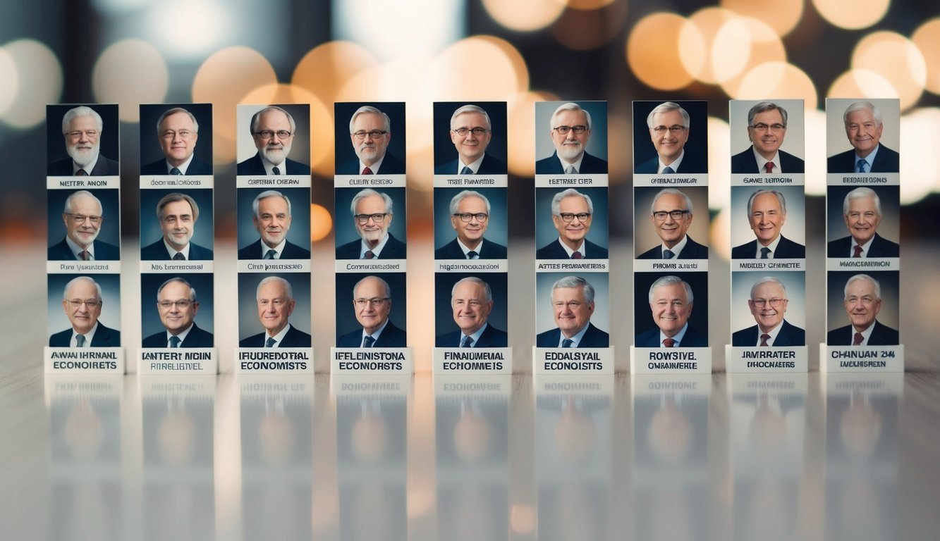 A row of portraits of influential economists with their names and notable quotes displayed underneath