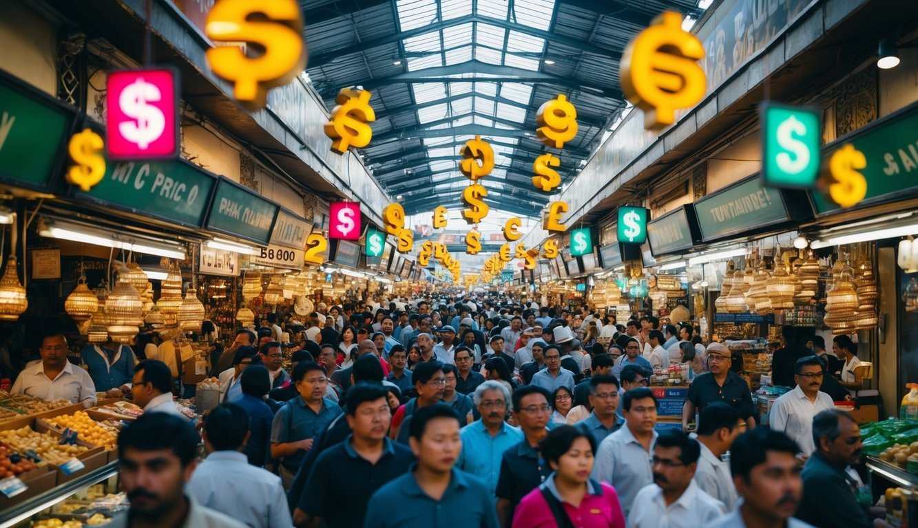 A bustling marketplace with rising prices, crowded shops, and soaring currency symbols floating in the air