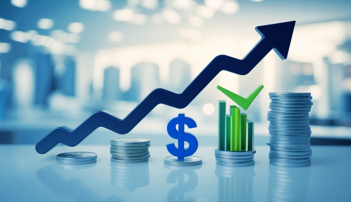 A graph showing an upward trend with a rising arrow, alongside images of goods and currency fluctuating in value