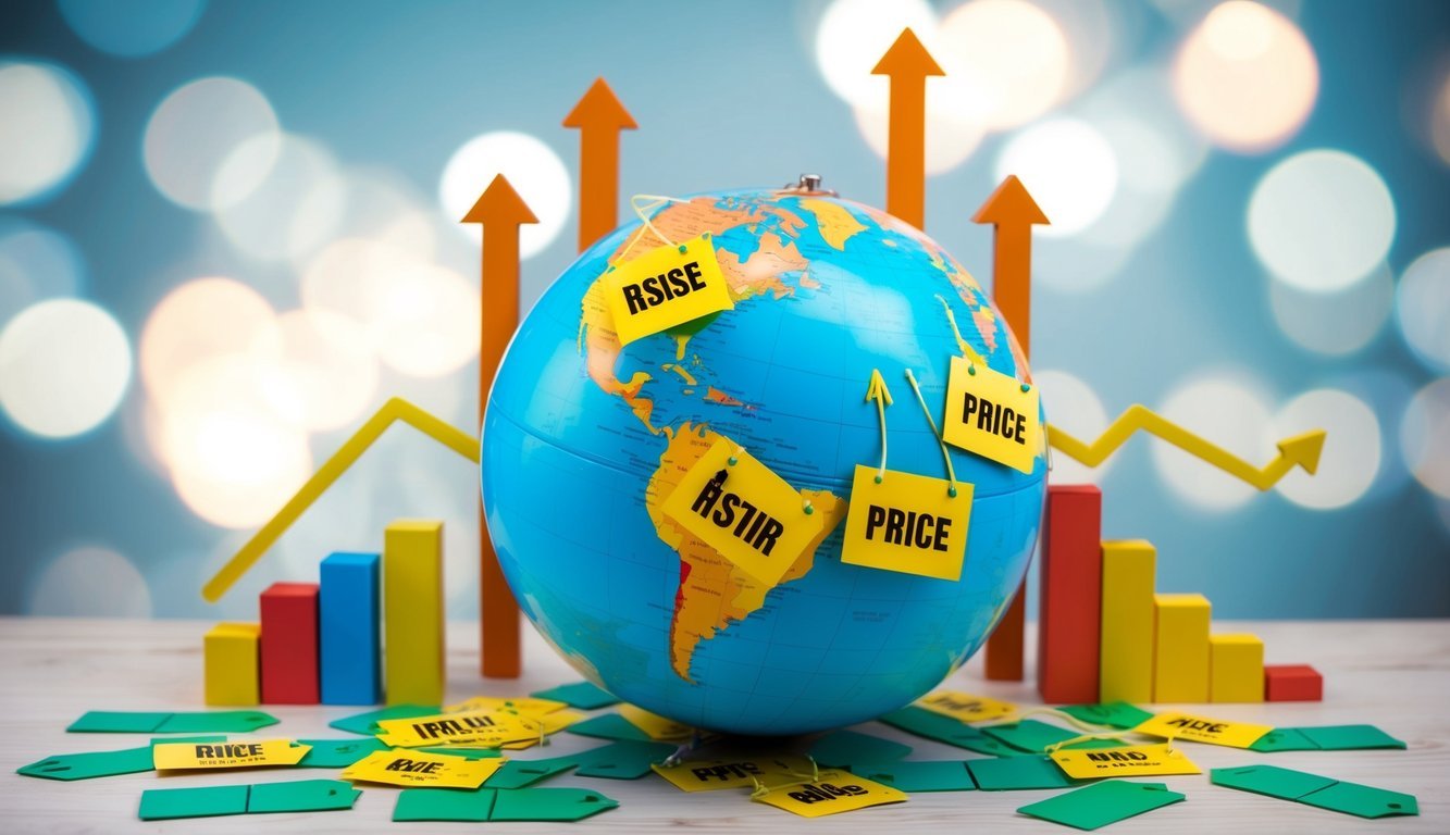 A globe surrounded by rising price tags, with arrows pointing upwards and graphs showing inflation rates over time