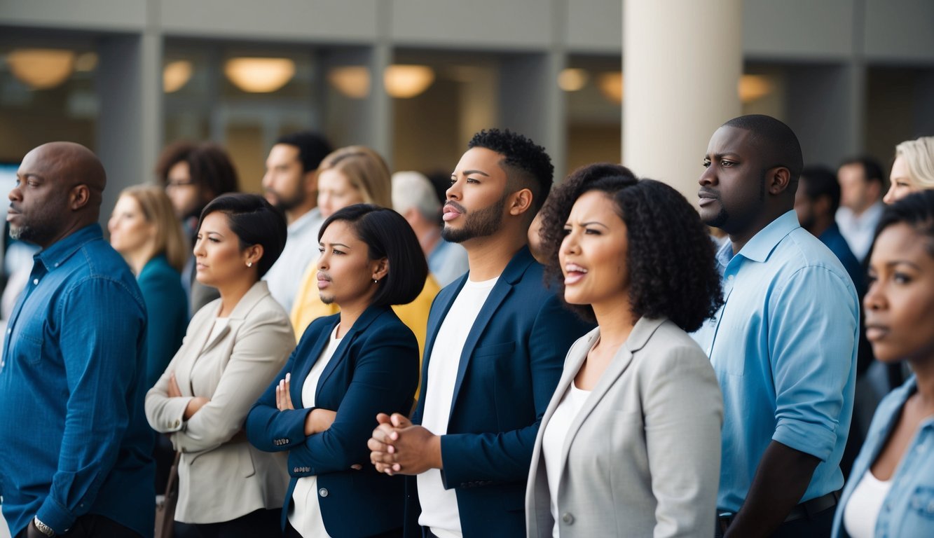 A diverse group of people standing in line at a job fair, with a mix of emotions on their faces - hope, frustration, and uncertainty