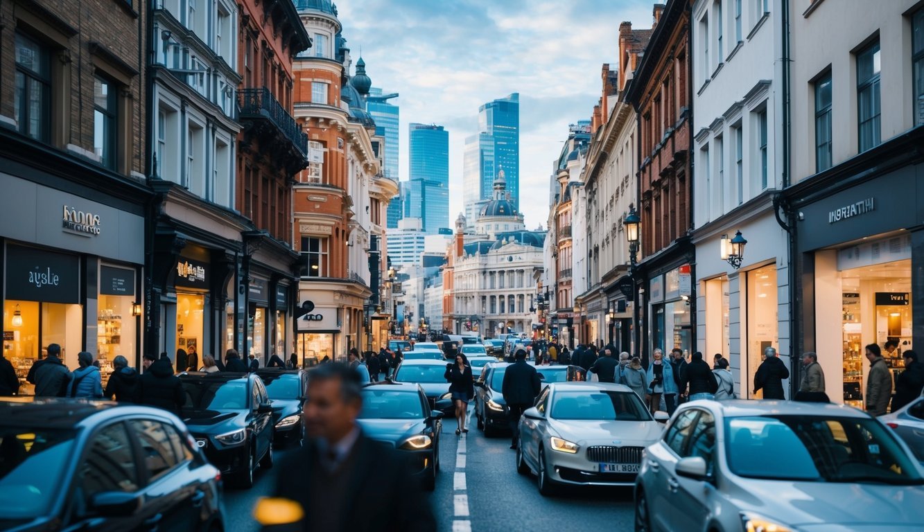 A bustling city street with buildings and shops, showcasing a mix of traditional and modern architecture, with people and cars moving about