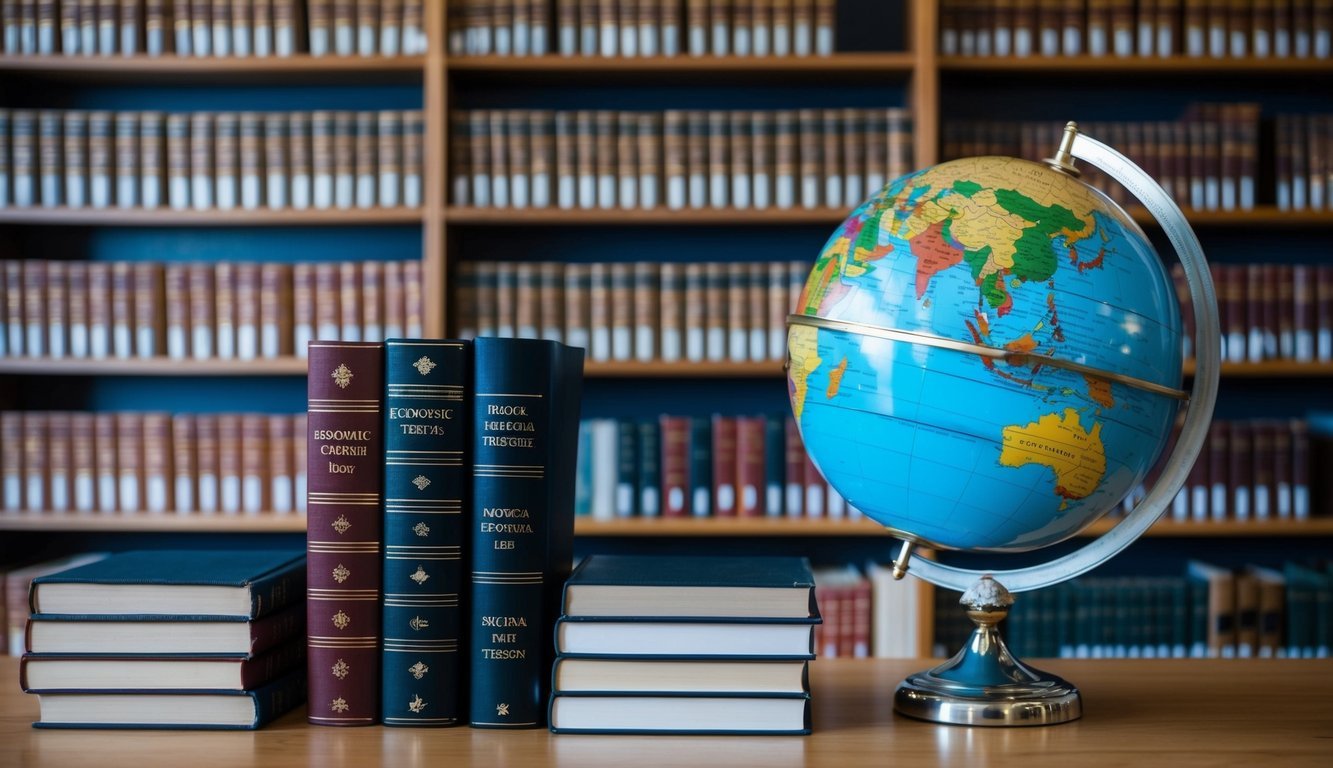 A library with classical and modern economic theory books on shelves, a globe, and a chart showing economic growth trends