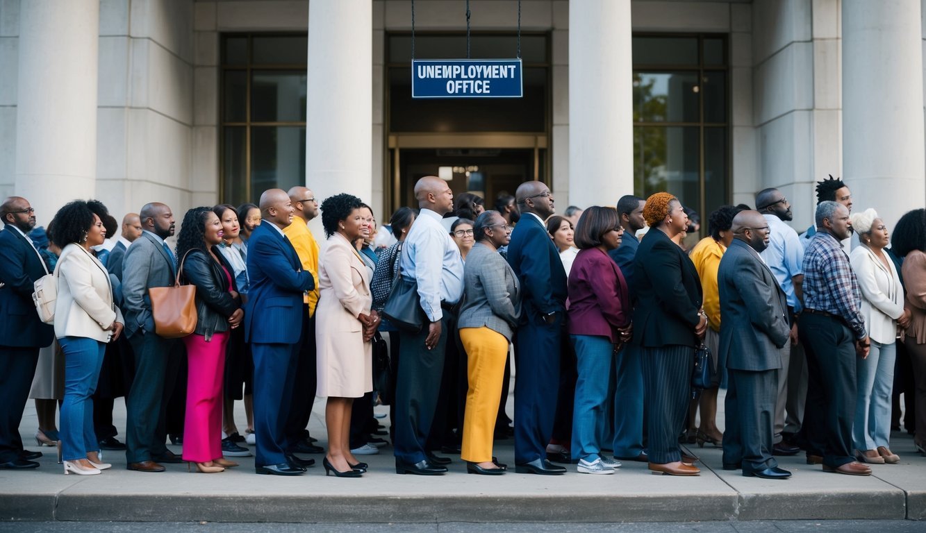 A diverse group of people standing in line outside a government building, with a mix of expressions ranging from frustration to hopefulness.</p><p>The building has a sign that reads "Unemployment Office."