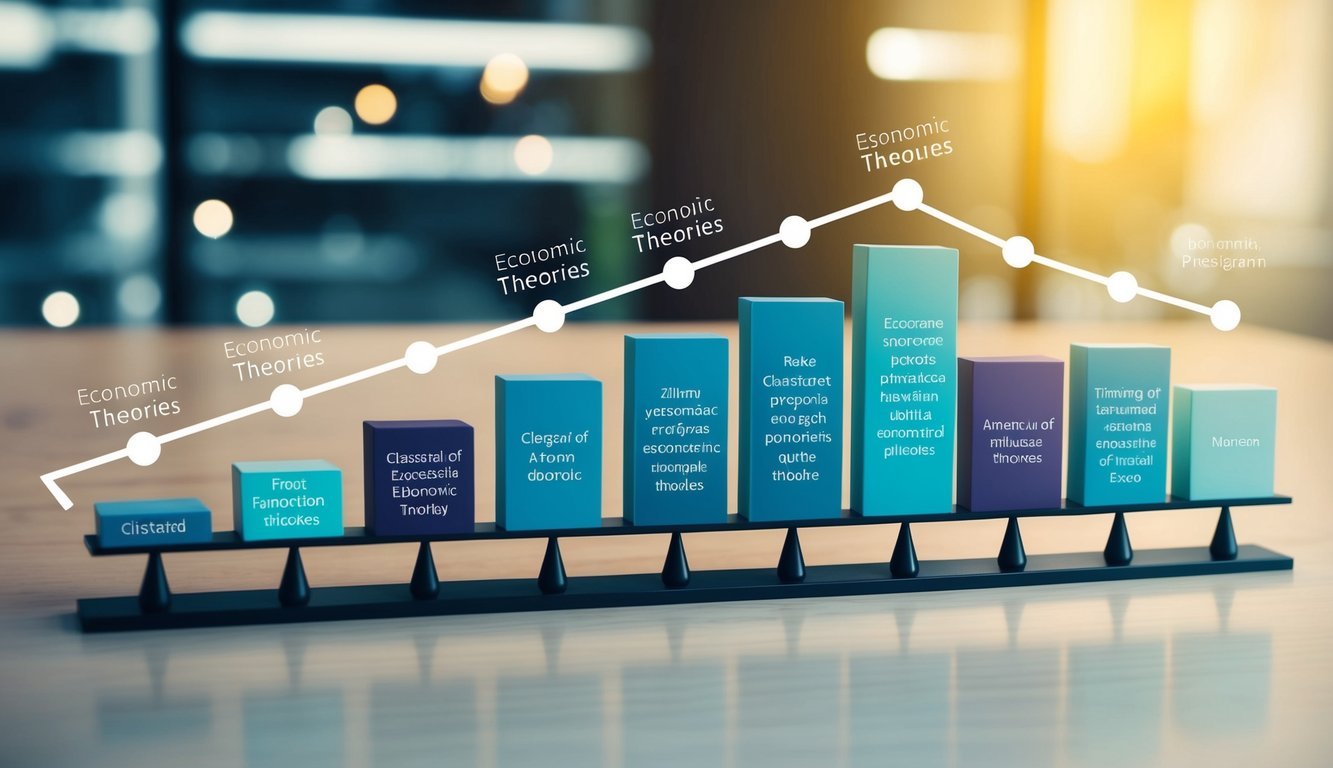 A timeline of economic theories evolving from classical to modern perspectives, with arrows and connections illustrating the progression