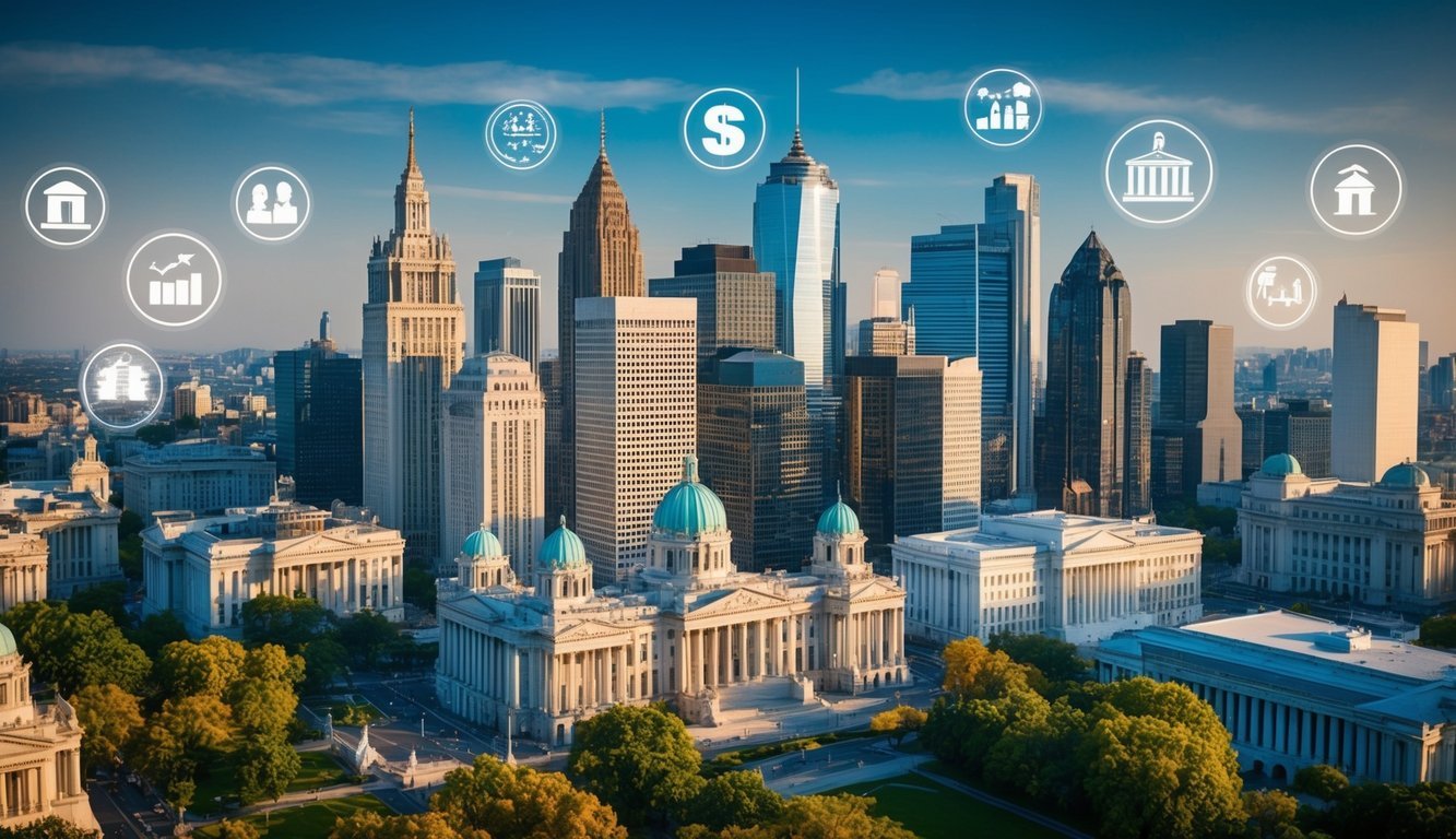 A bustling city skyline with various government buildings and economic landmarks, surrounded by symbols of classical and modern economic theories