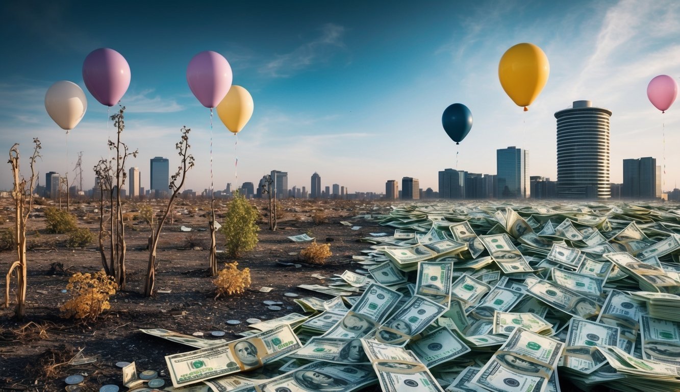 A barren landscape with wilted plants, deflated balloons, and sinking buildings, contrasting with a scene of inflated prices and overflowing money