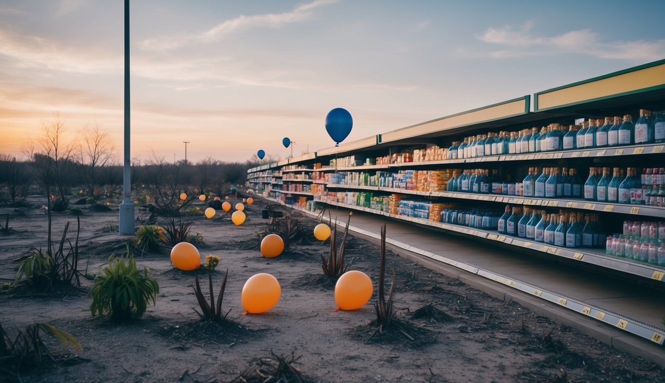 A barren landscape with wilted plants and deflated balloons scattered among rising prices on store shelves