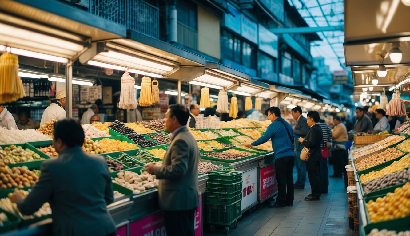 A bustling marketplace with multiple stalls, each selling identical products.</p><p>Large companies dominate the scene, while smaller vendors struggle to compete