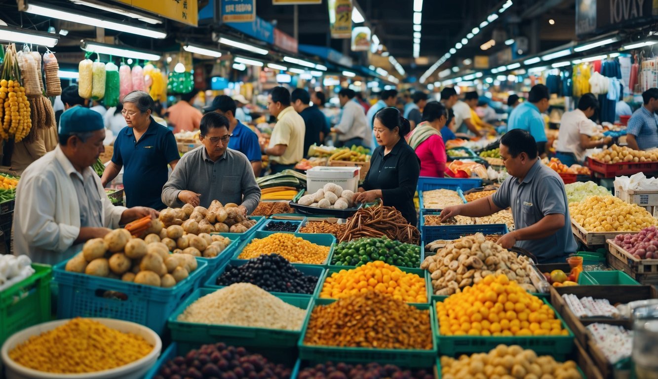 A bustling marketplace with various vendors selling goods, some dominating the market, while others compete in a crowded yet diverse environment