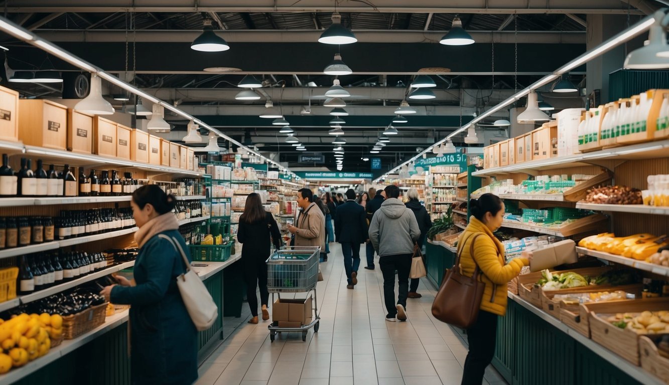 A bustling marketplace with various products displayed on shelves and tables, with consumers browsing and making purchasing decisions