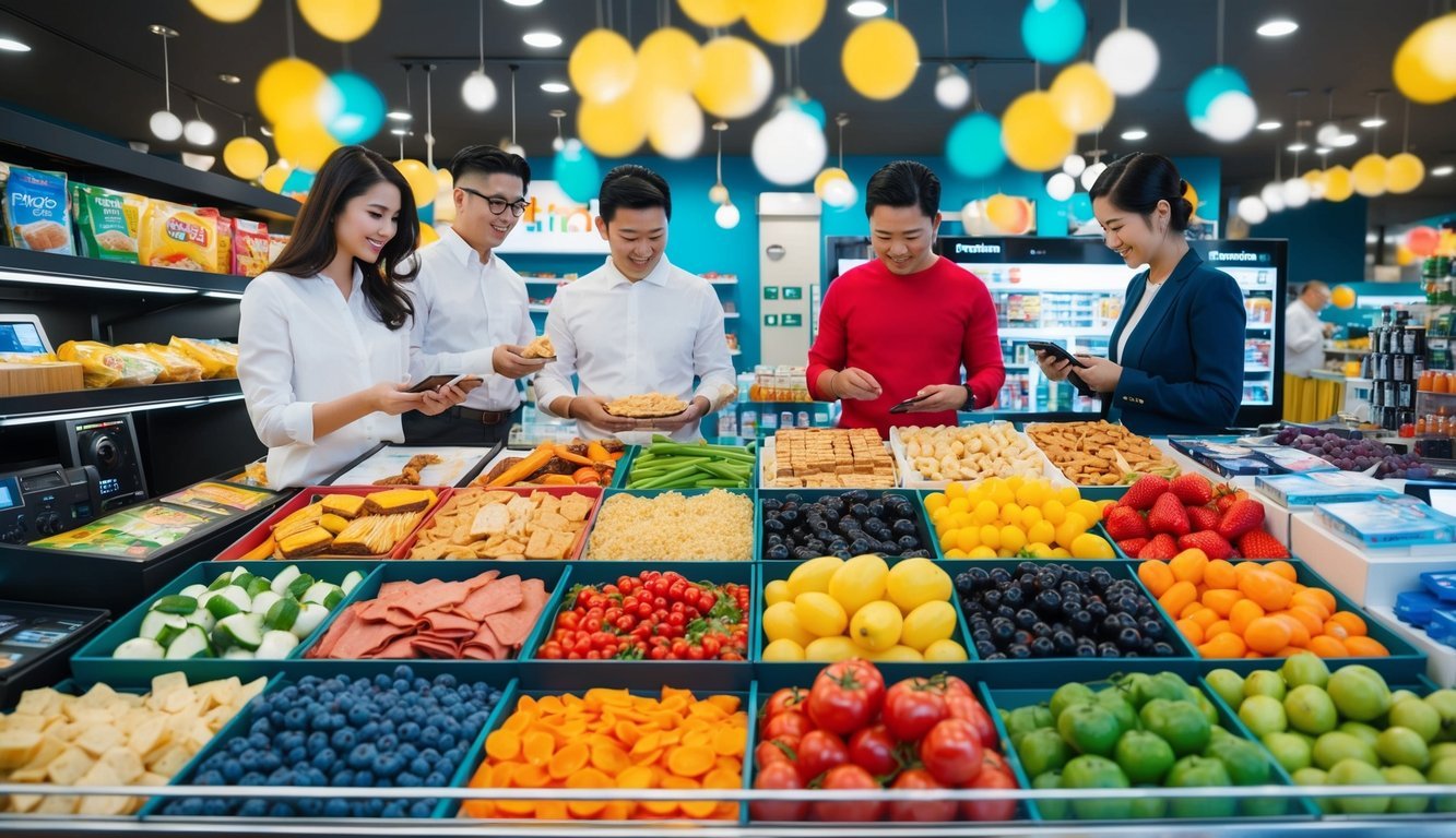 A colorful display of various goods, including food, clothing, electronics, and more.</p><p>A consumer is making a decision among the options available