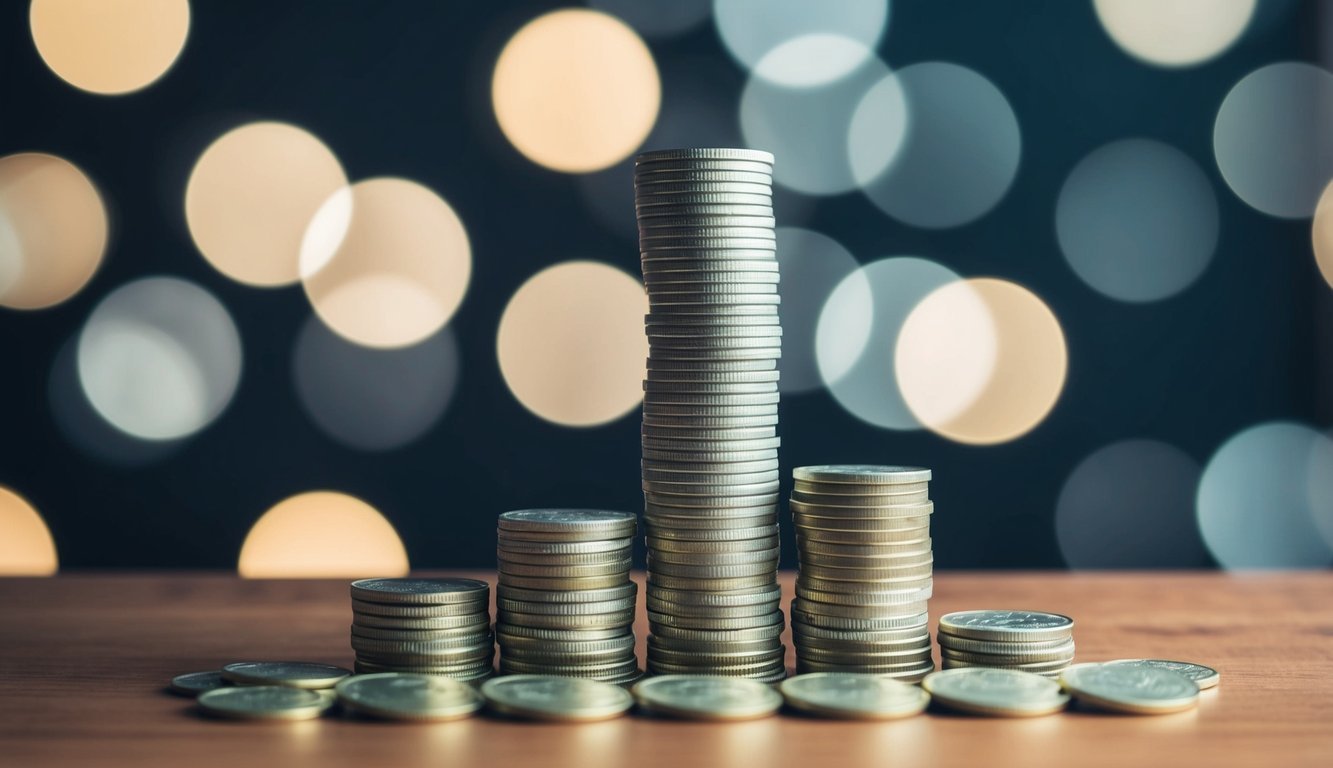 A towering stack of oversized coins, with smaller coins scattered at the base, symbolizing the challenges and risks of economies of scale for businesses