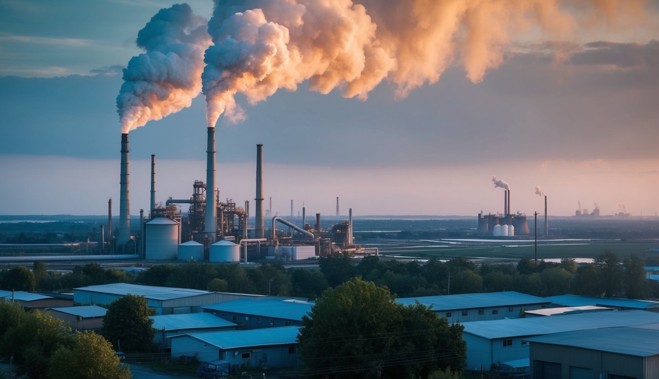 A factory emitting pollution into the air and water, while nearby residents suffer from health issues