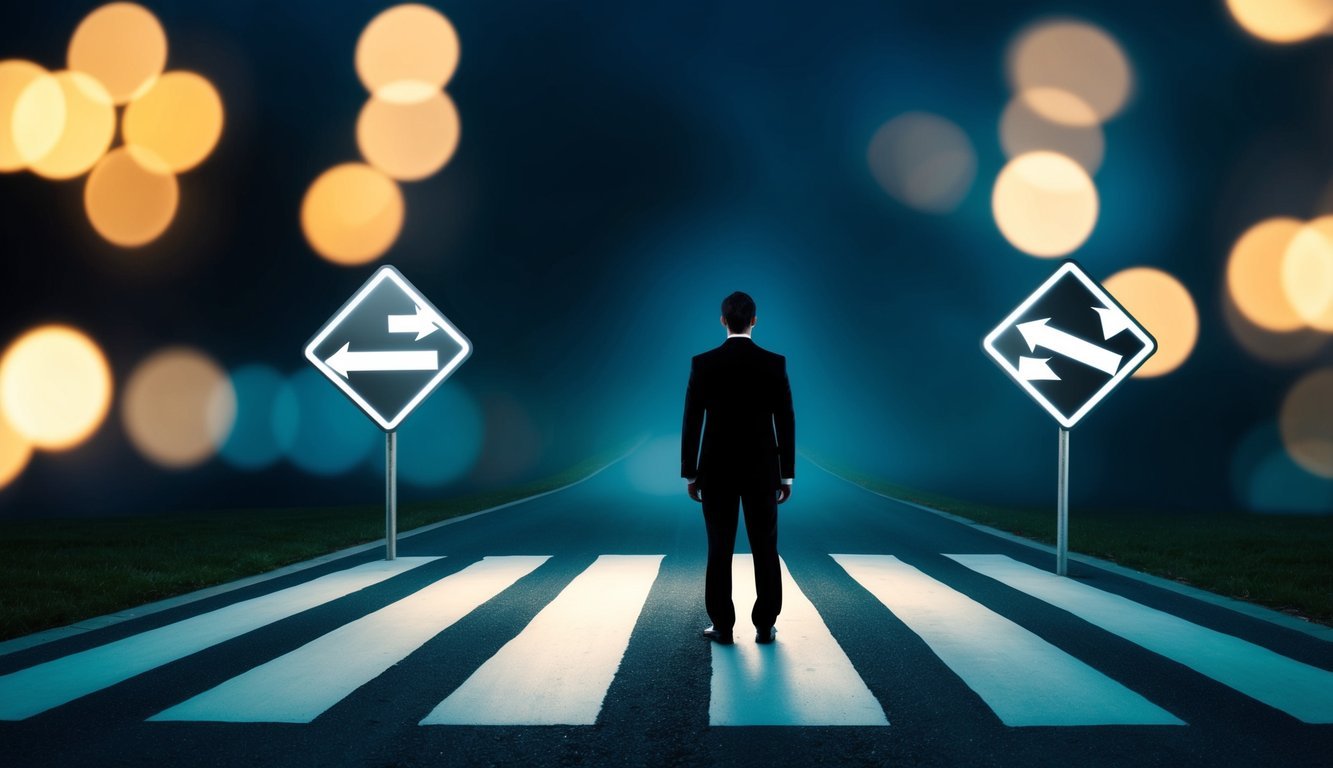 A person standing at a crossroads, one path illuminated with clear signs and the other shrouded in darkness, representing the impact of information asymmetry on economic decisions