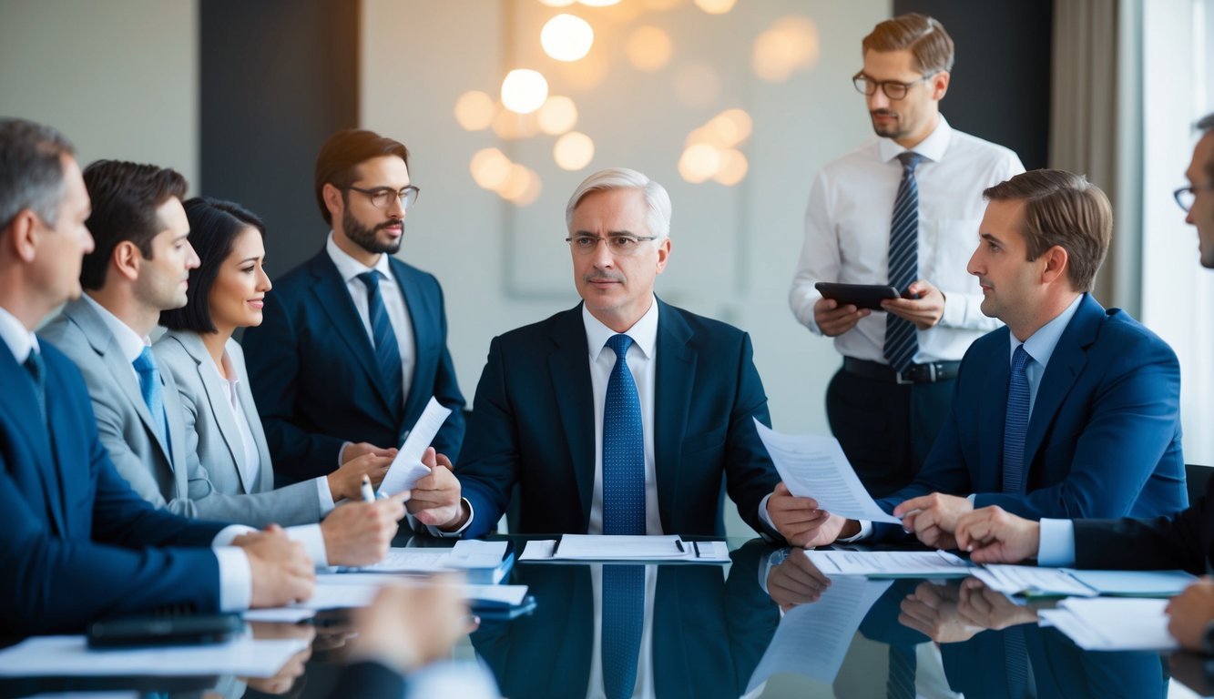 A group of executives and investors at a boardroom table, with some individuals holding more information than others, creating an unequal power dynamic