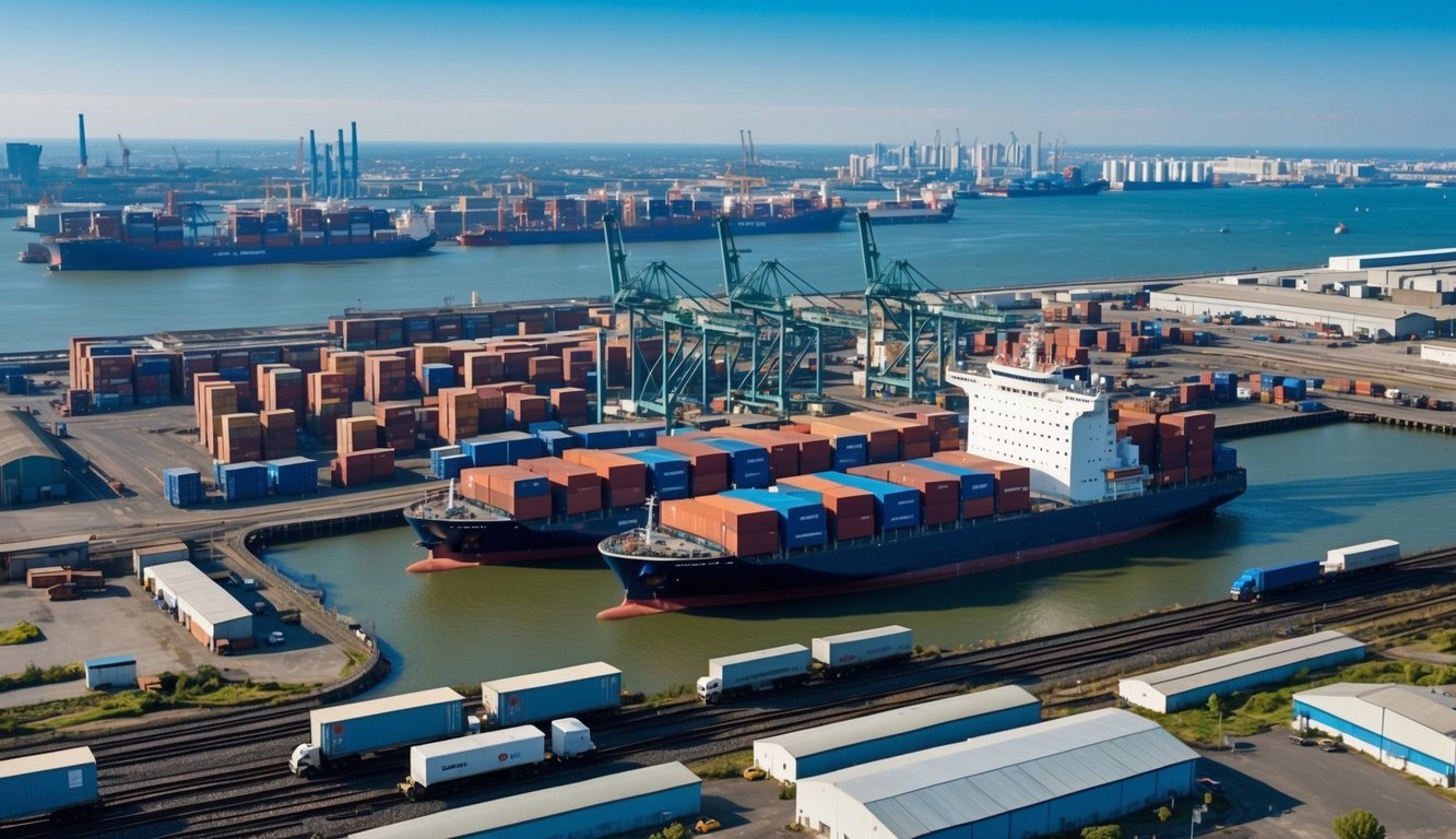 A bustling port with ships loading and unloading goods, surrounded by factories and warehouses, with trucks and trains transporting goods in and out