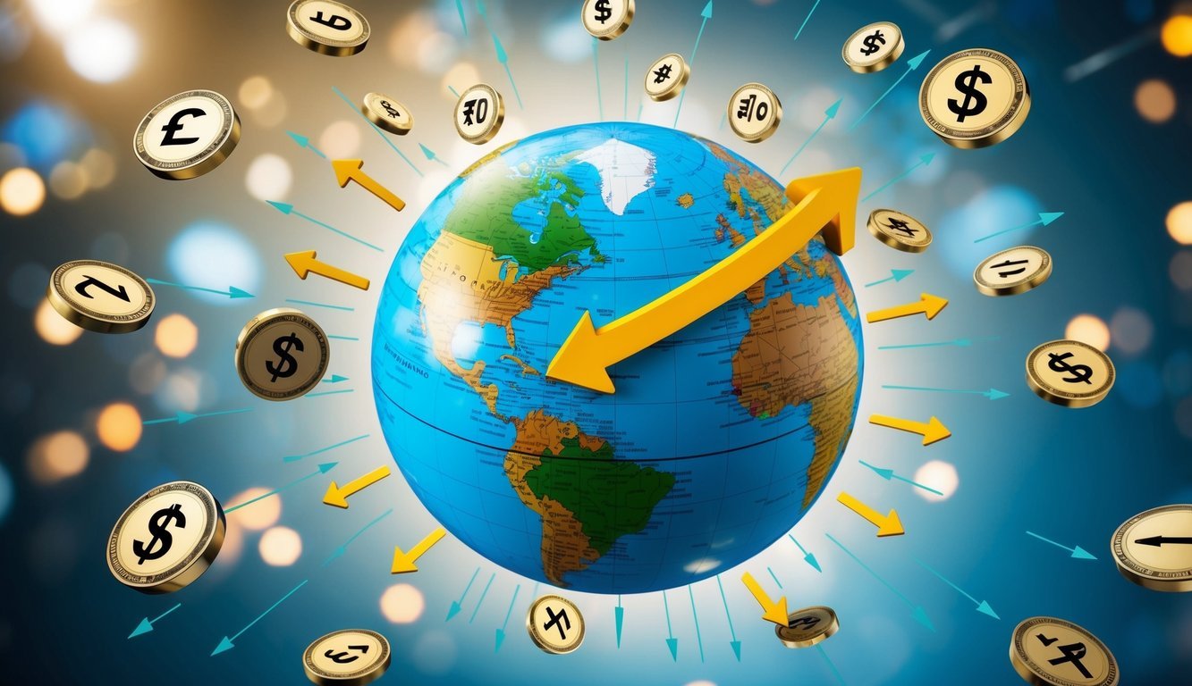 A globe surrounded by currency symbols floating in the air, with arrows representing exchange rates and economic impact