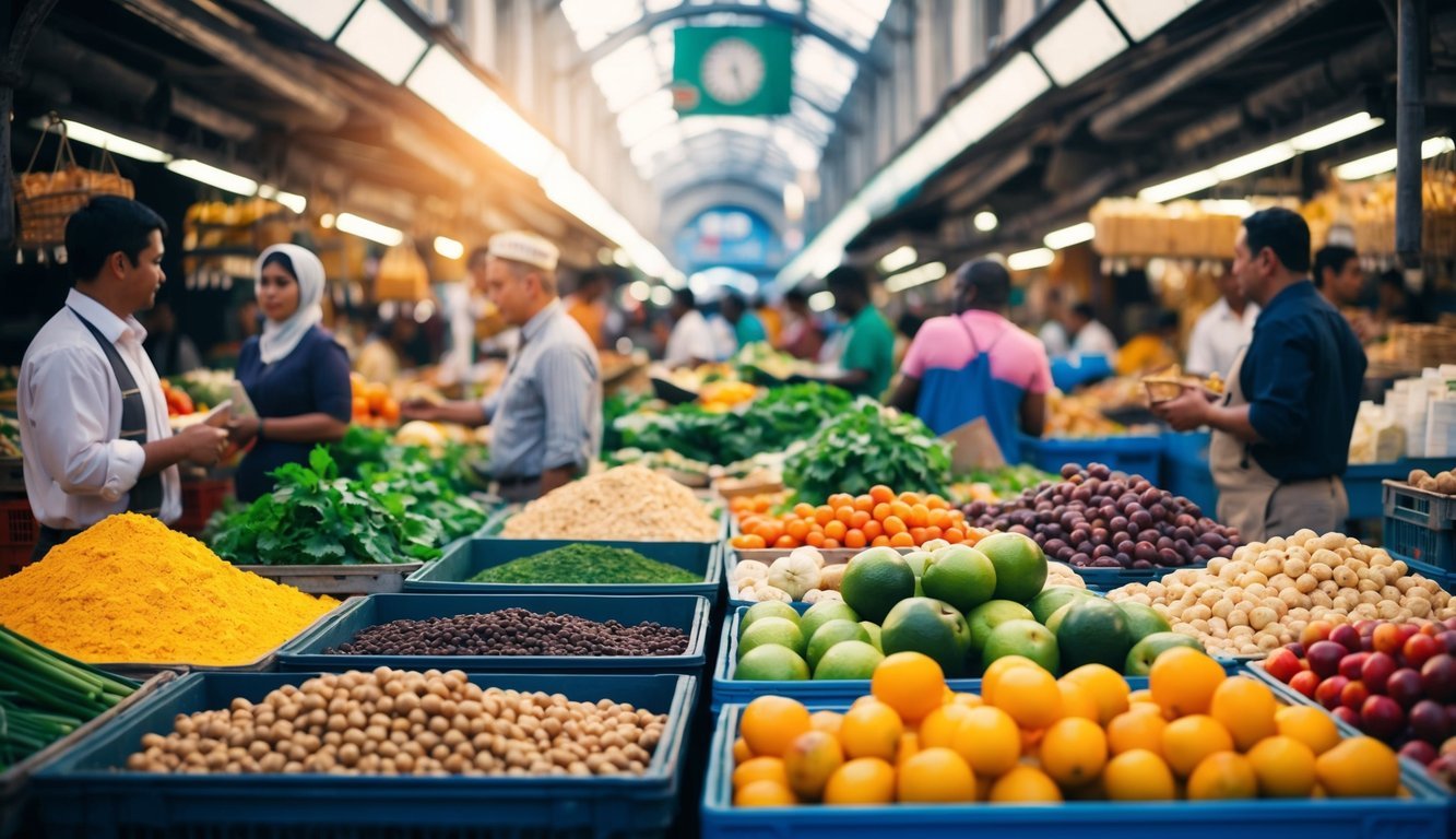 A bustling marketplace with various goods being exchanged between two countries, showcasing the concept of comparative advantage in modern economics