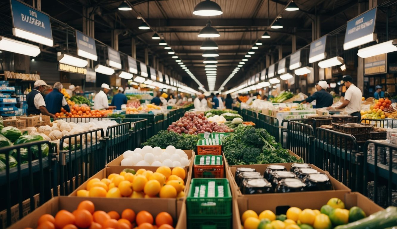 A bustling marketplace with goods flowing freely between countries, while barriers block some goods from entering