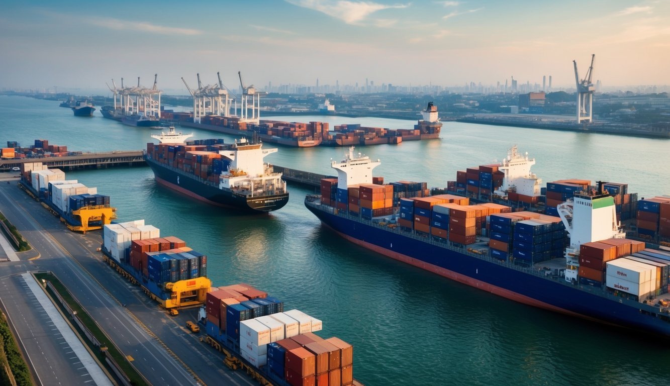 A bustling port with ships loading and unloading goods, while a factory churns out products for export.</p><p>On the other side, a wall is being constructed to block imports