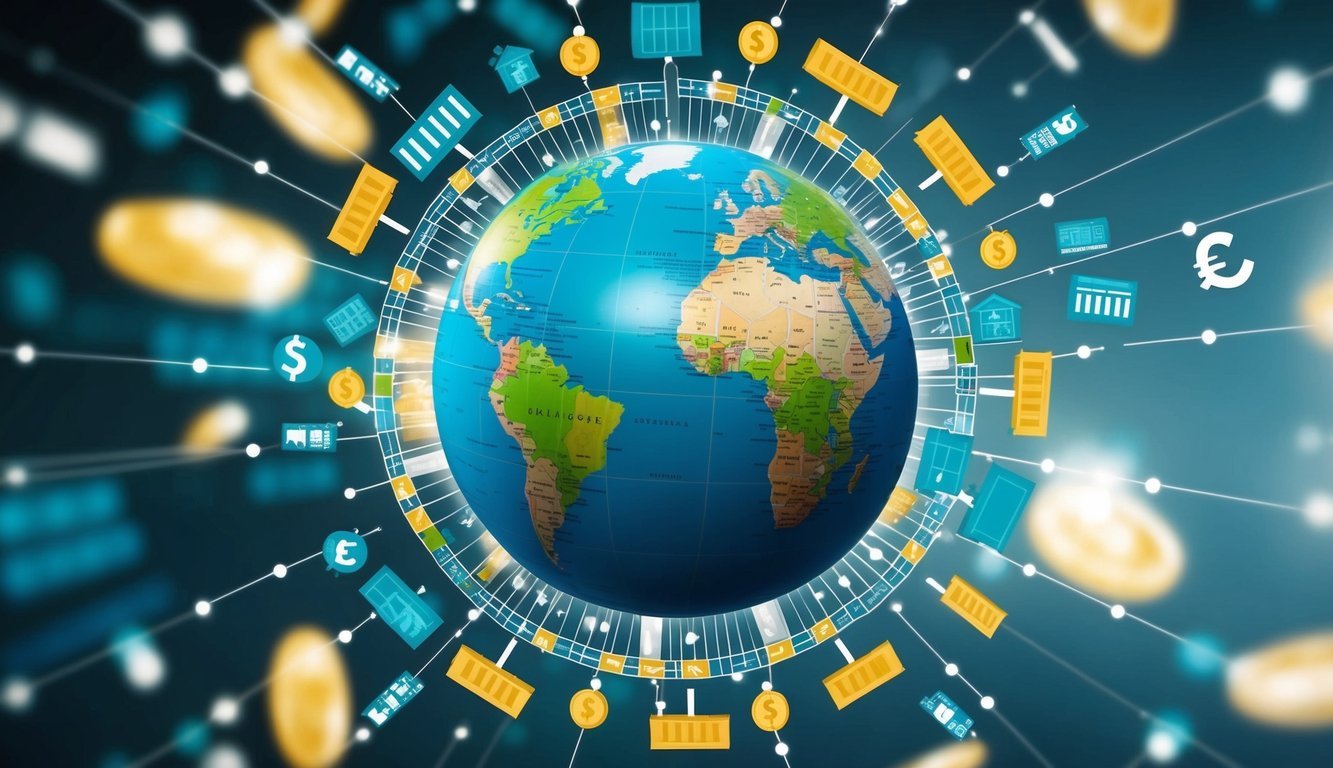 A globe surrounded by interconnected trade routes, factories, and currency symbols, symbolizing the economic transformation brought about by globalization