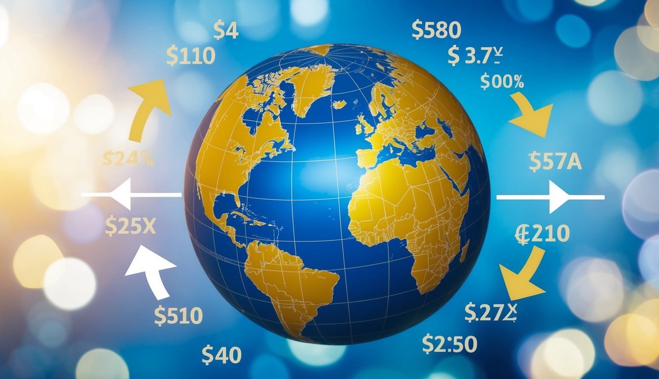 A globe surrounded by various currency symbols, with arrows representing exchange rates and trade imbalances