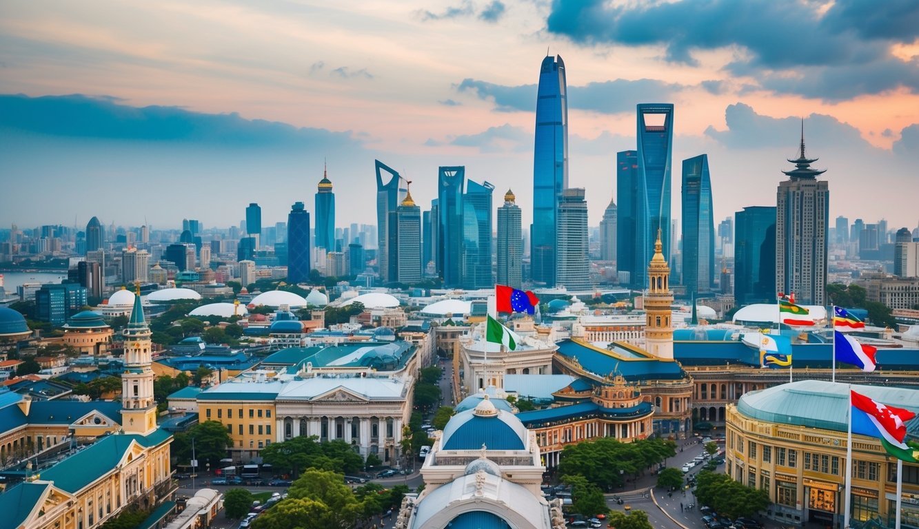 A bustling cityscape with diverse architecture, international flags, and a mix of traditional and modern elements symbolizing globalization and cultural exchange