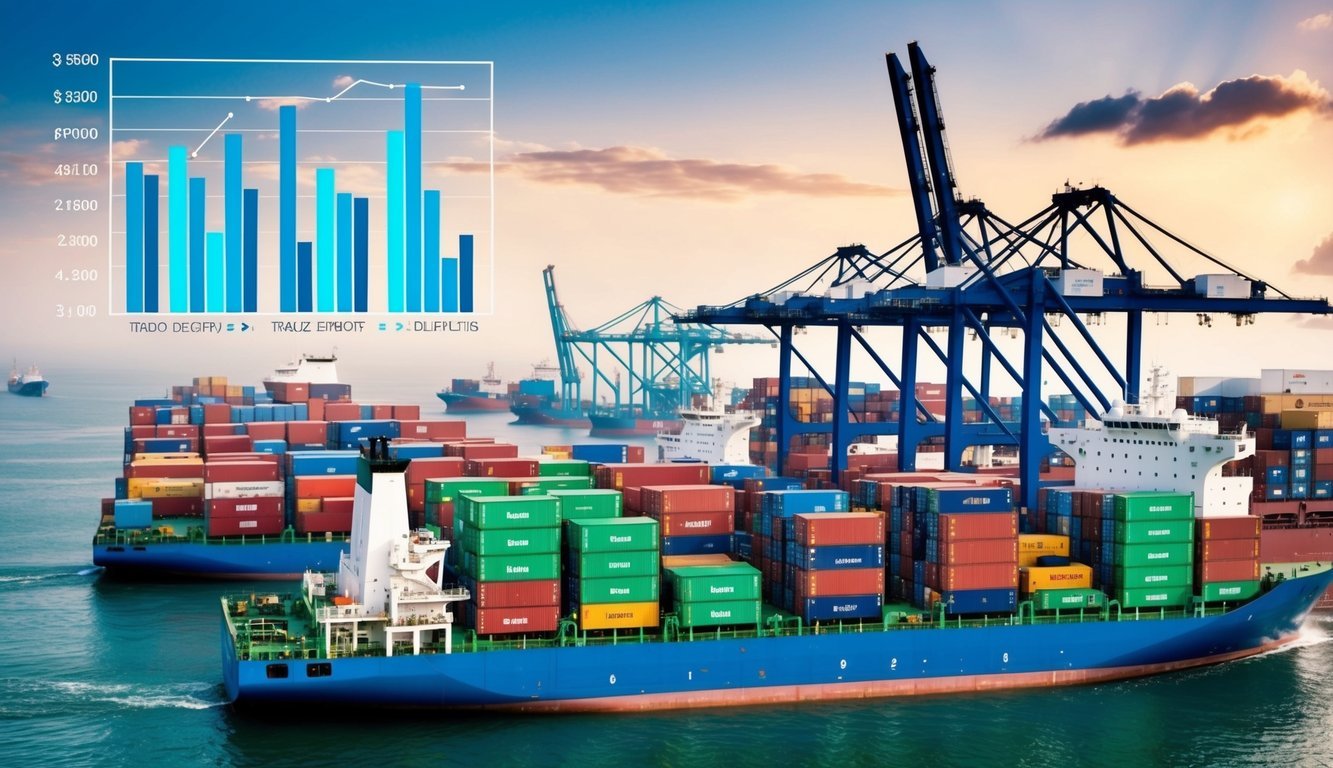 A bustling port with cargo ships unloading goods, while others are being loaded with exports.</p><p>A graph showing trade deficits and surpluses in the background