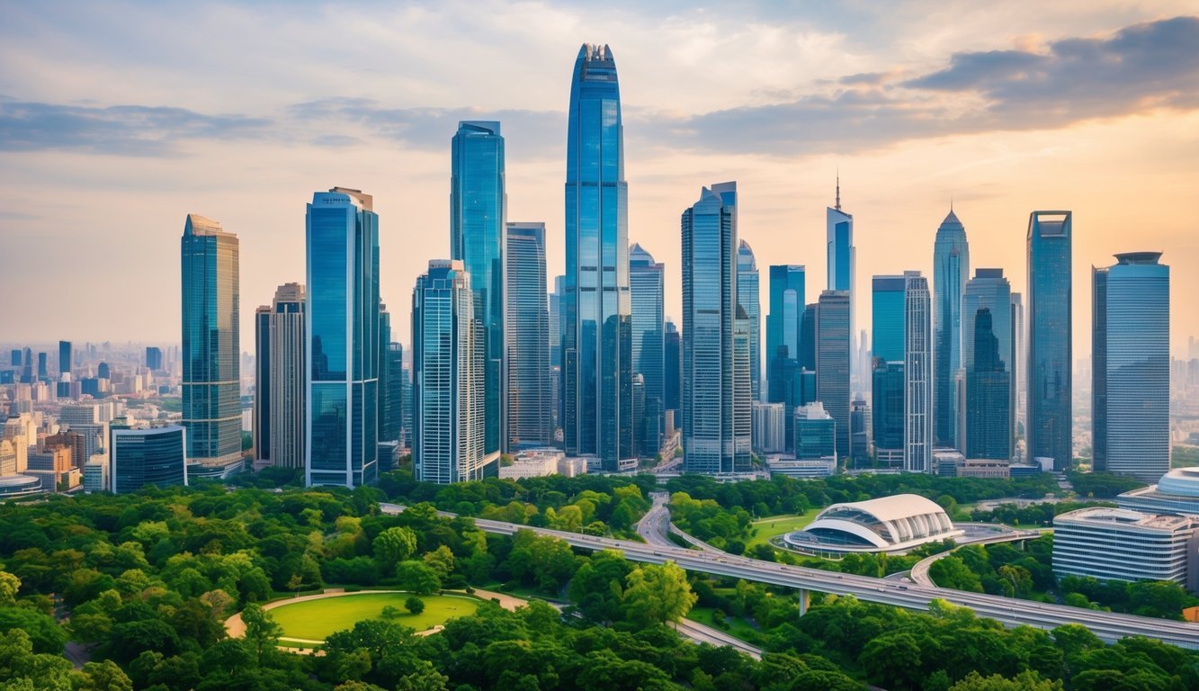 A bustling city skyline with tall skyscrapers and modern infrastructure, surrounded by lush green parks and bustling with activity