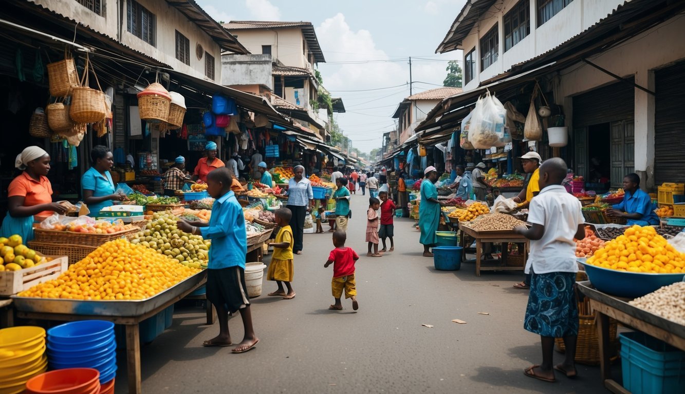 A bustling marketplace in a developing country, with vendors selling goods and children playing.</p><p>A mix of traditional and modern structures line the streets