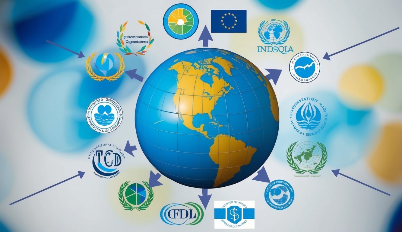 A globe surrounded by various international organization logos, with arrows and connections symbolizing global economic development and poverty reduction efforts