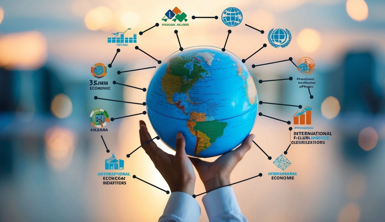 A globe surrounded by interconnected lines linking various international organizations and economic indicators