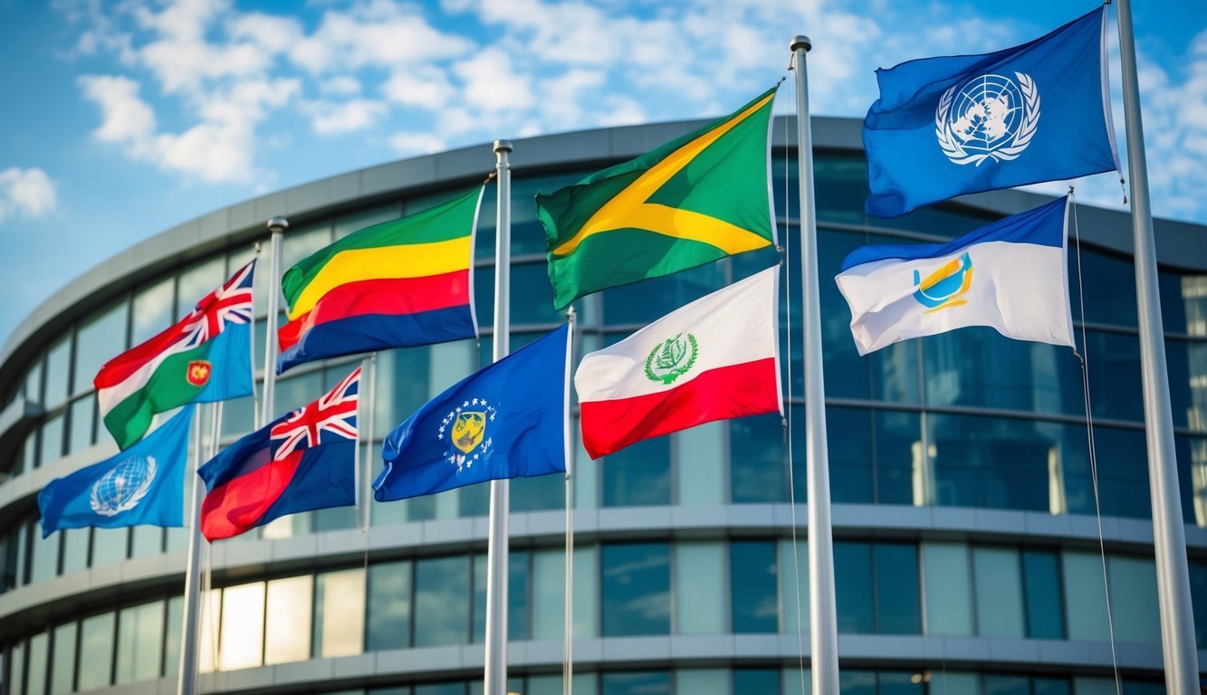 A group of diverse flags flying in front of a modern building, symbolizing the presence of multilateral institutions and regional organizations in the global economy