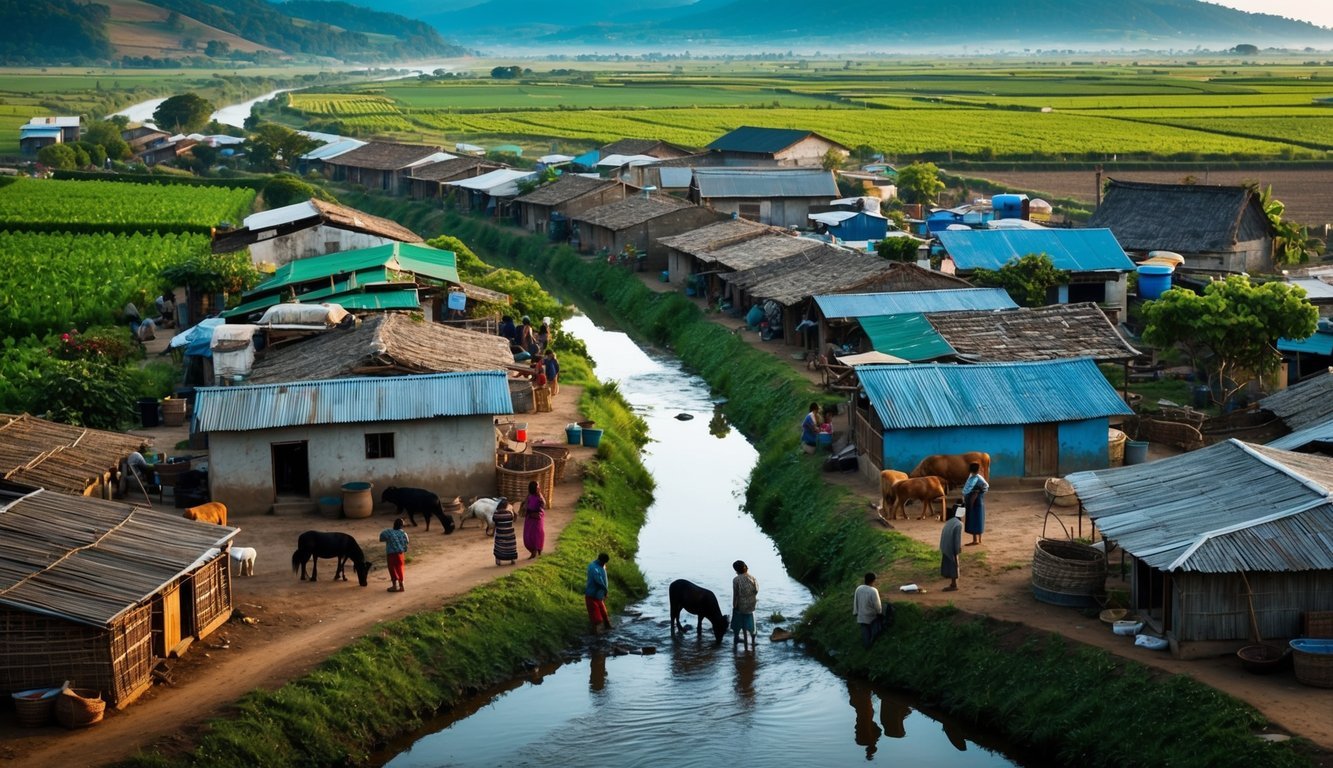 A rural village surrounded by lush farmland, with a mix of traditional and modern infrastructure.</p><p>A river runs through the center, with people and animals gathering water