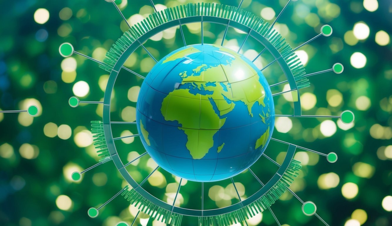 A globe surrounded by interconnected gears and green energy sources, symbolizing the role of international organizations in addressing global sustainability challenges