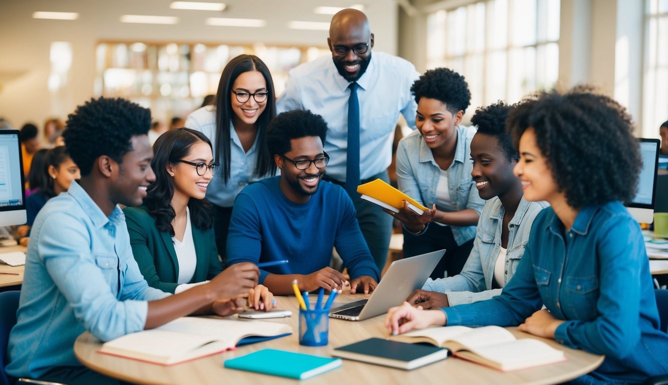 A group of diverse individuals engaged in learning and skill-building activities, surrounded by books, computers, and educational tools