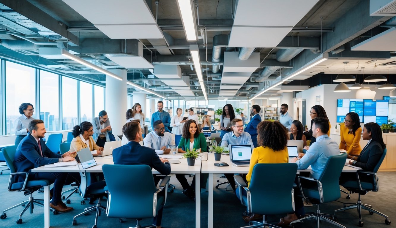 A bustling office space with diverse individuals collaborating, brainstorming, and problem-solving, surrounded by modern technology and innovative design