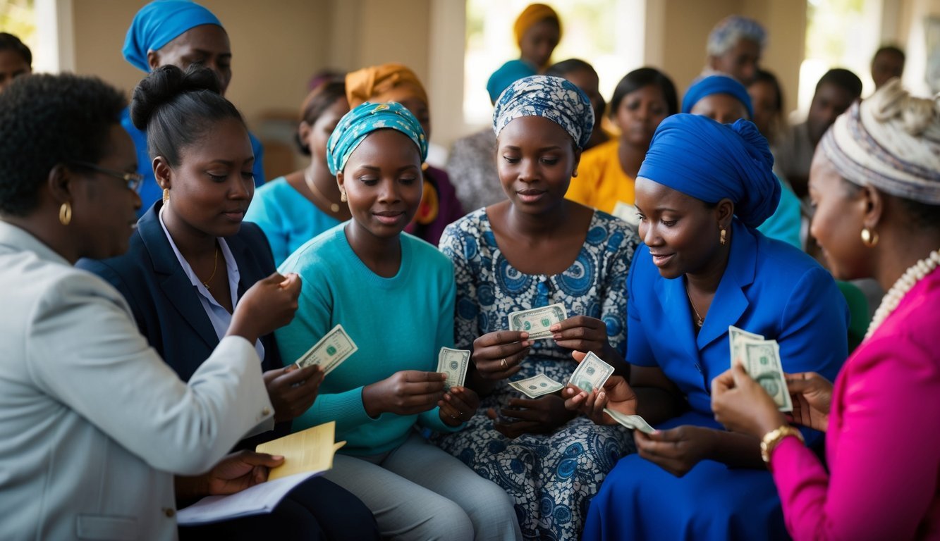 A group of people receiving cash transfers and participating in microfinance programs, with social workers providing support and guidance