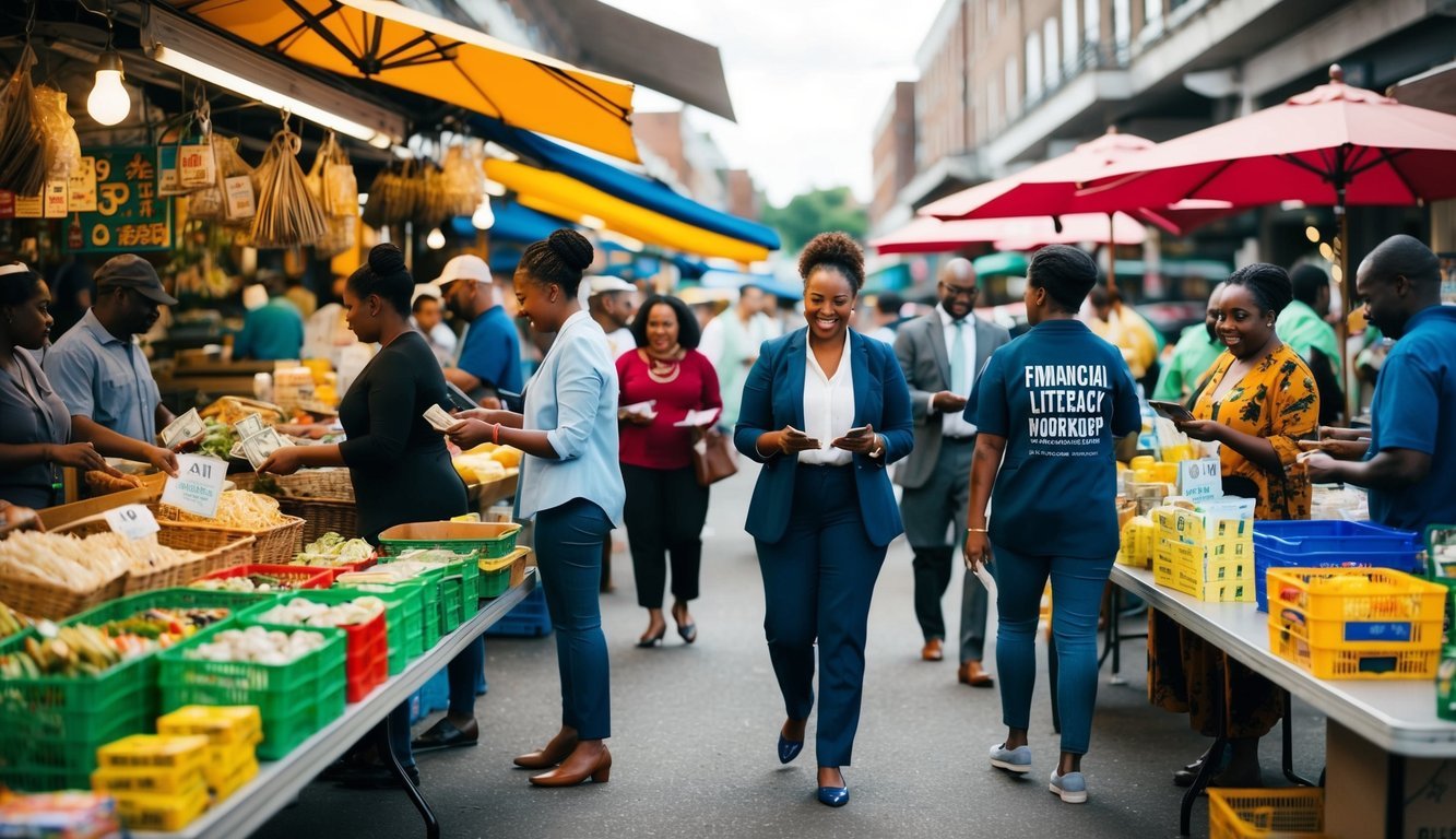 A bustling marketplace with vendors selling goods, people exchanging money, and community members participating in financial literacy workshops