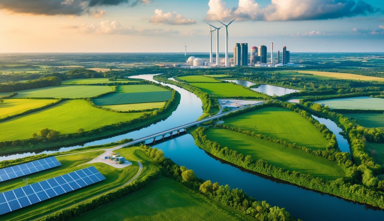 A lush green landscape with renewable energy sources, sustainable agriculture, and clean waterways coexisting with urban development and industry