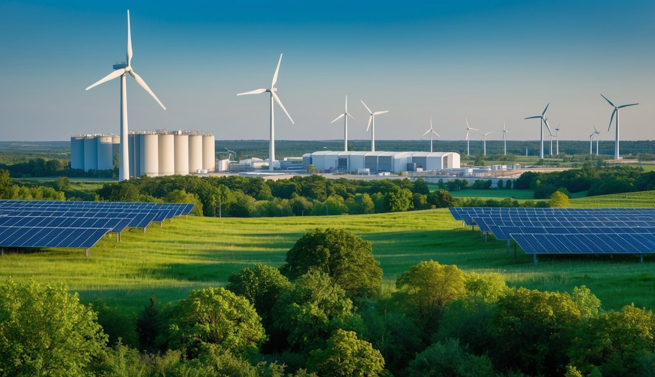 A lush, green landscape with industrial buildings in the background, surrounded by renewable energy sources like wind turbines and solar panels