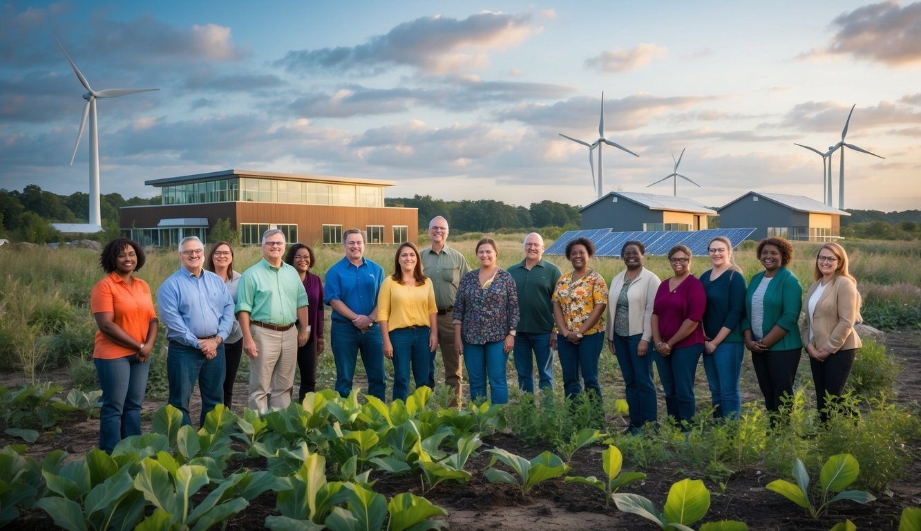 A diverse community working together to restore a damaged ecosystem, with sustainable buildings and renewable energy sources in the background