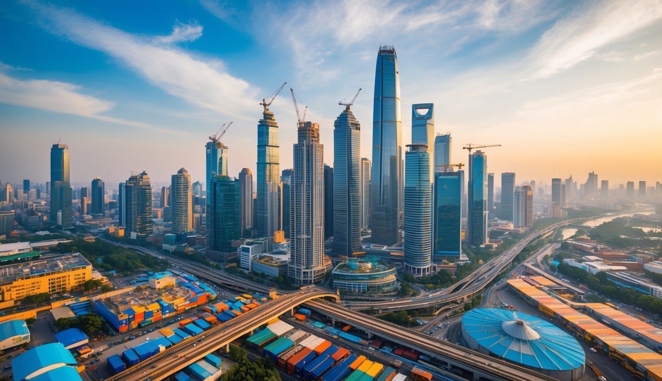 A bustling city skyline with skyscrapers and construction sites, surrounded by vibrant markets and bustling transportation hubs